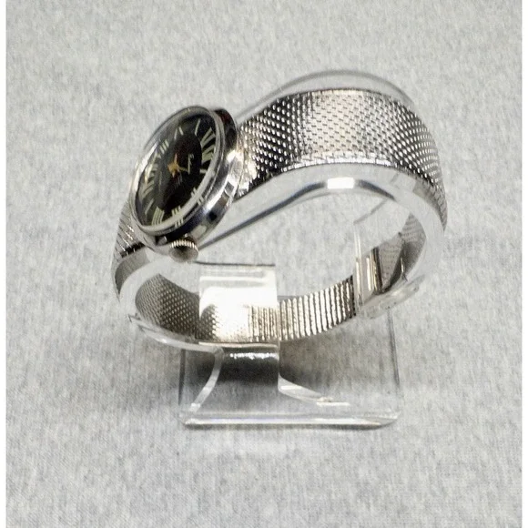 Vtg Fantasia Womens Swiss Movement Watch Silver Tone 28mm Black Oval Dial 1970's - Picture 7 of 10